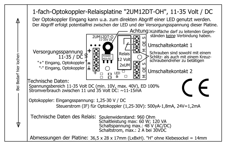 Miniatur-Relaisplatine mit Optokoppler-Eingang 2UM12DT-OH-EN V4.0